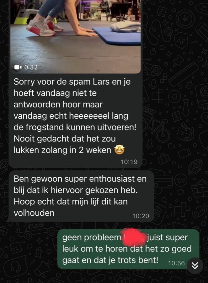 WhatsApp bericht van een tevreden calisthenics-klant