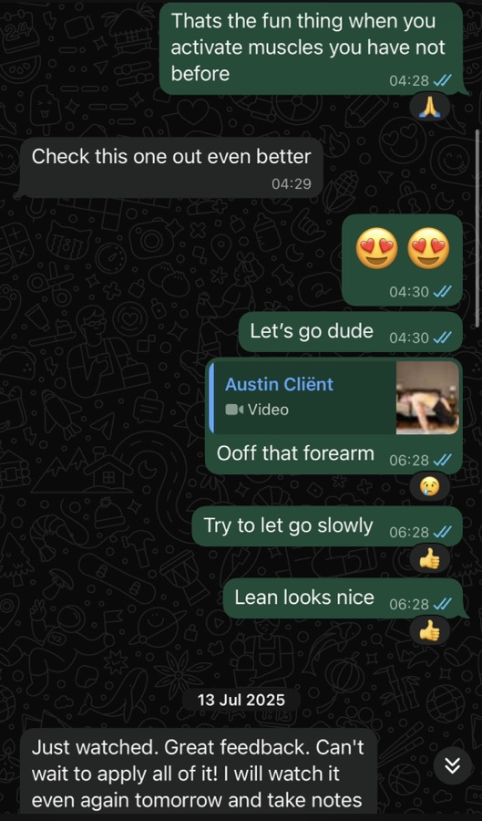 WhatsApp bericht van klant Austin over zijn voortgang