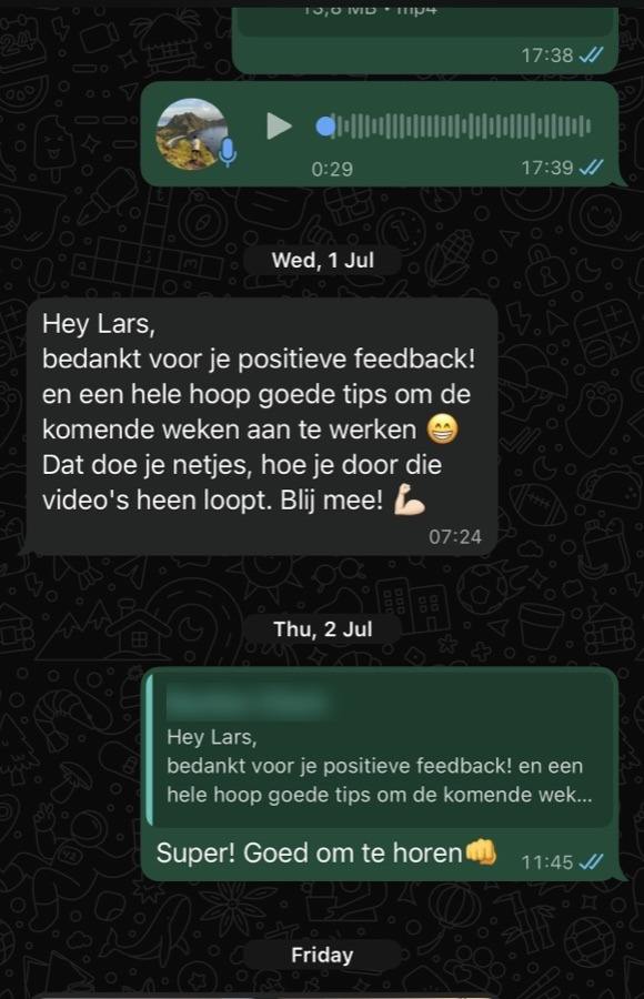 WhatsApp bericht van een tevreden calisthenics-klant